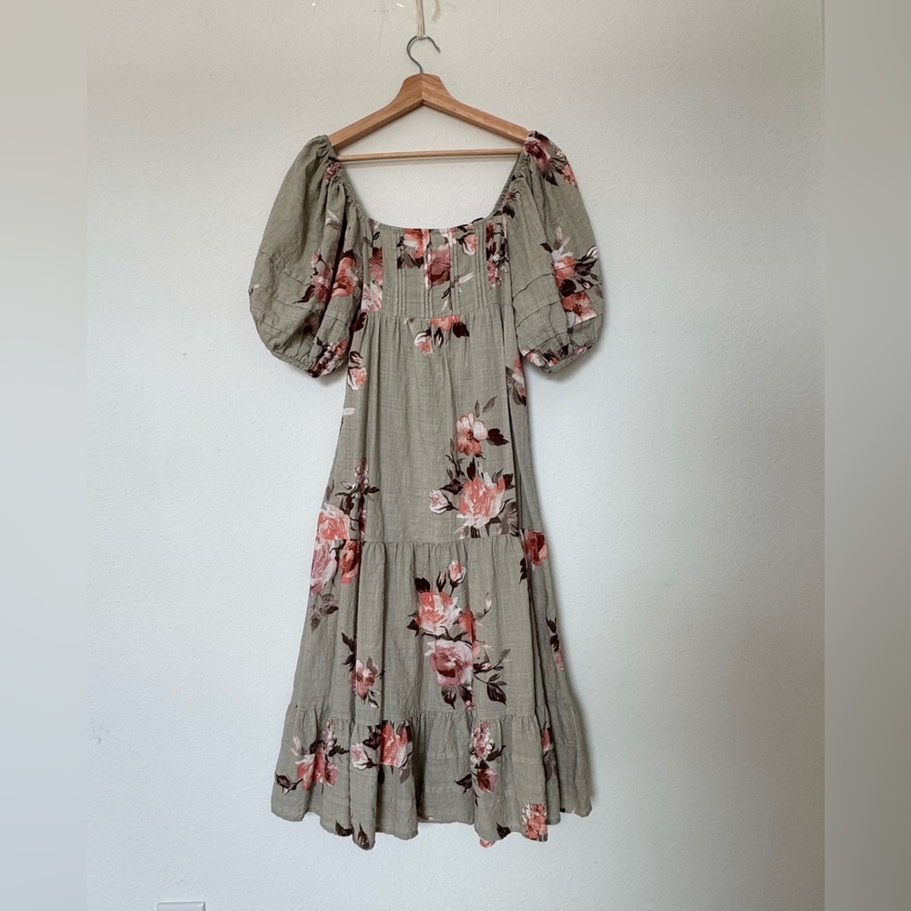 Blue B Floral Midi Dress S Puff Sleeve Cottagecore Boho Tiered Linen Blend